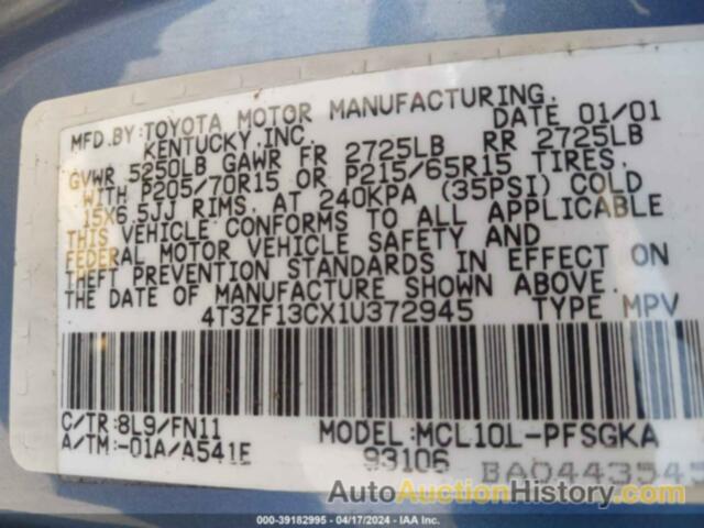 TOYOTA SIENNA LE/XLE, 4T3ZF13CX1U372945