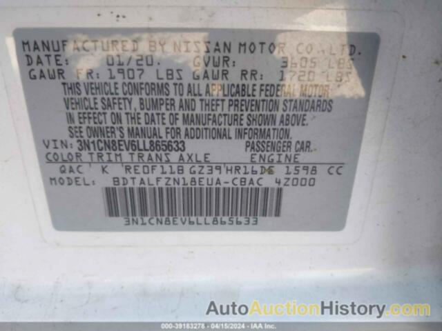 NISSAN VERSA SV XTRONIC CVT, 3N1CN8EV6LL865633