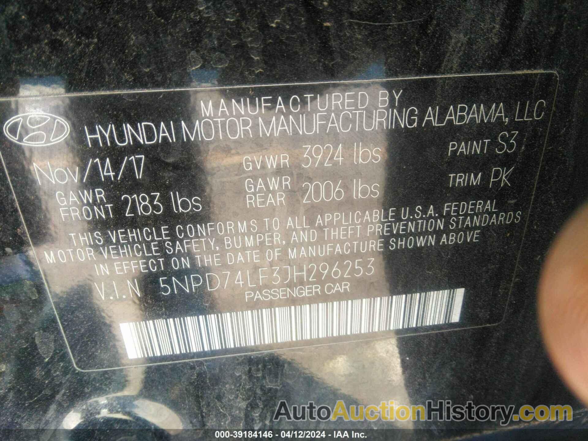 HYUNDAI ELANTRA SE, 5NPD74LF3JH296253