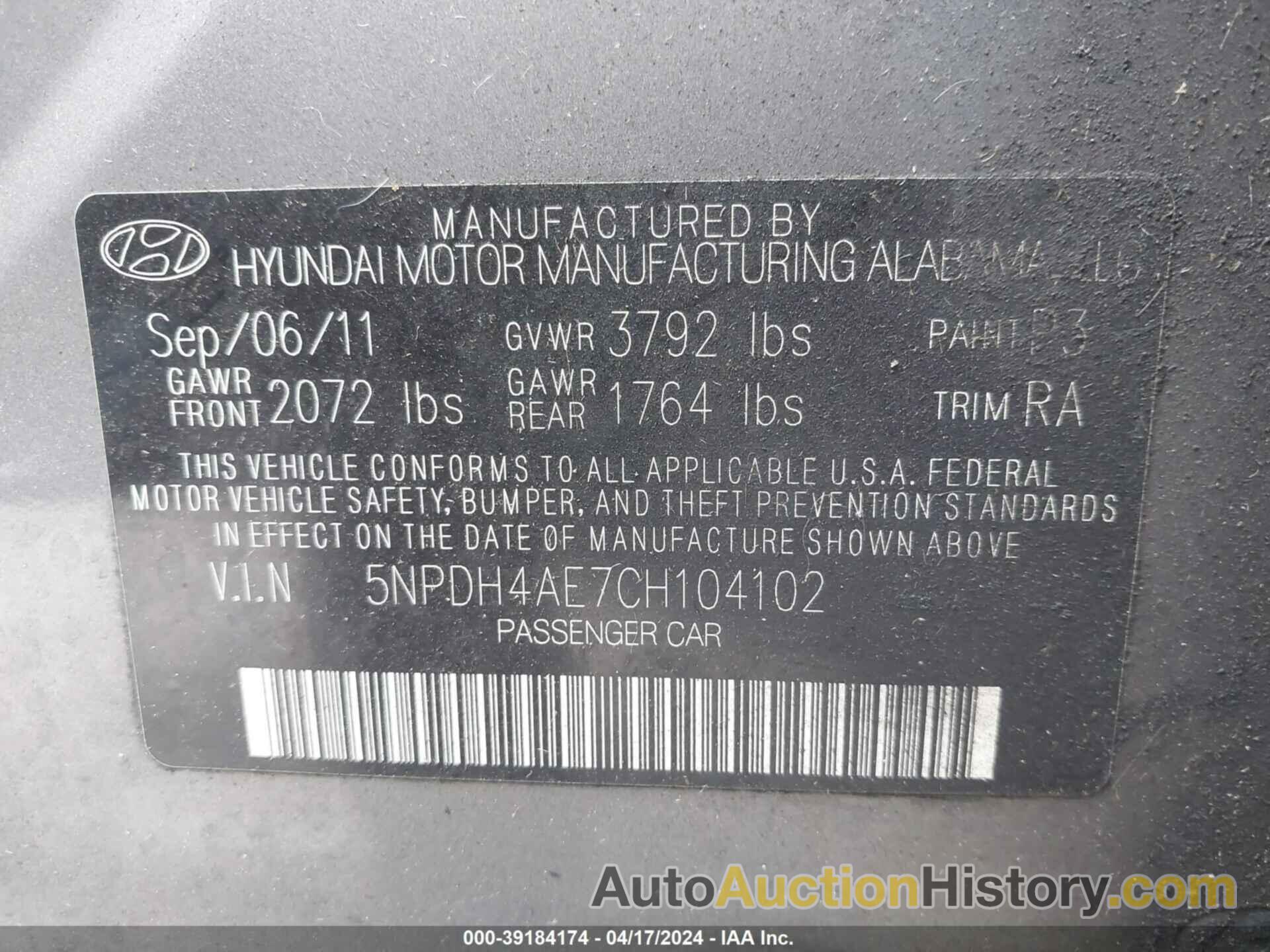 HYUNDAI ELANTRA GLS, 5NPDH4AE7CH104102