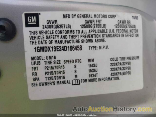 PONTIAC MONTANA M16 W/1SE PKG., 1GMDX13E24D166458