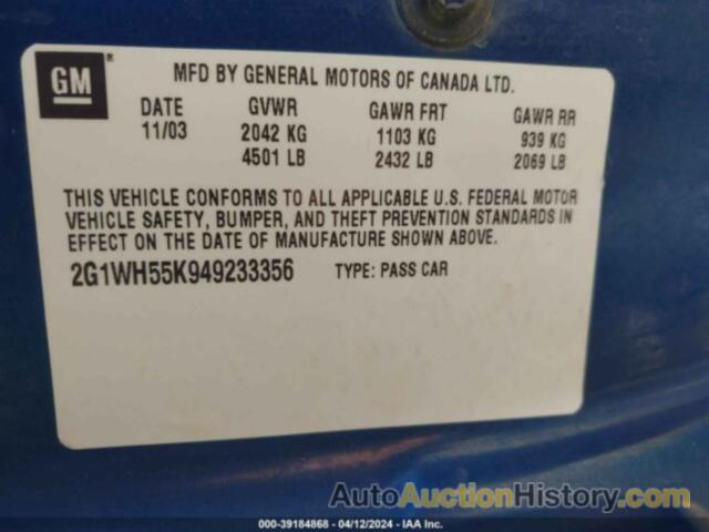 CHEVROLET IMPALA LS, 2G1WH55K949233356