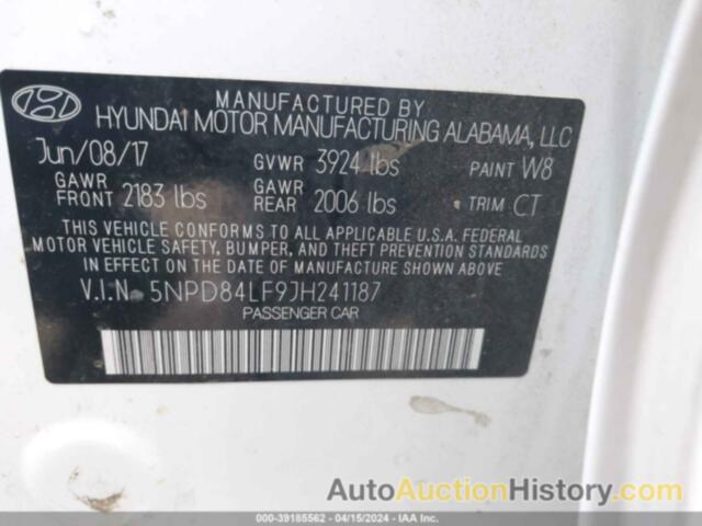 HYUNDAI ELANTRA SEL, 5NPD84LF9JH241187