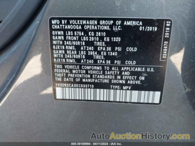 VOLKSWAGEN ATLAS 3.6L V6 SE, 1V2DR2CAXKC533710