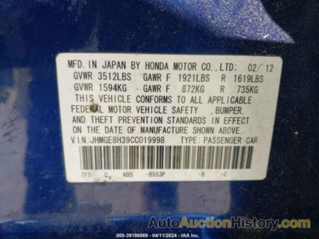 HONDA FIT, JHMGE8H39CC019998