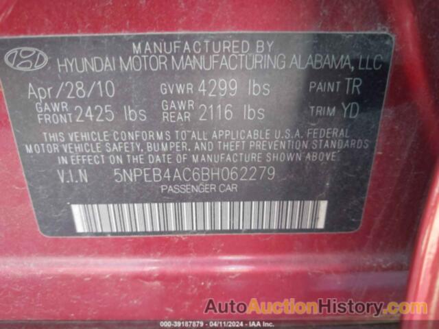 HYUNDAI SONATA GLS, 5NPEB4AC6BH062279