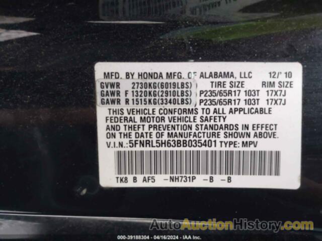 HONDA ODYSSEY EX-L, 5FNRL5H63BB035401