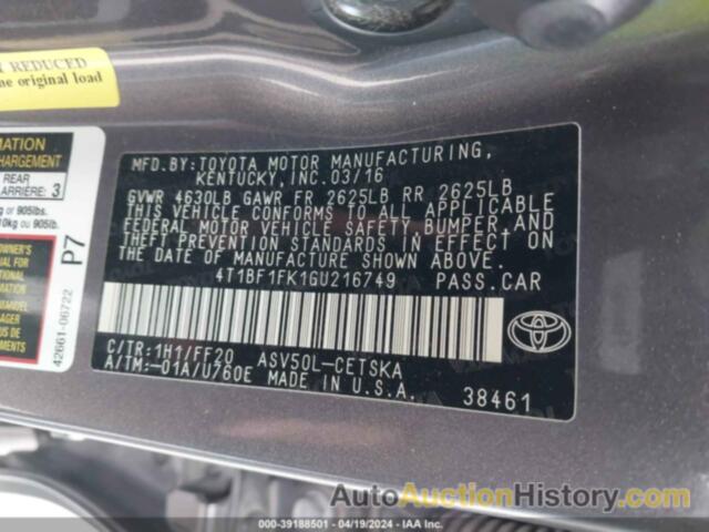 TOYOTA CAMRY SE, 4T1BF1FK1GU216749