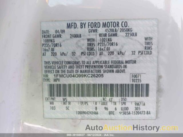 FORD ESCAPE LIMITED, 1FMCU04G99KC26205