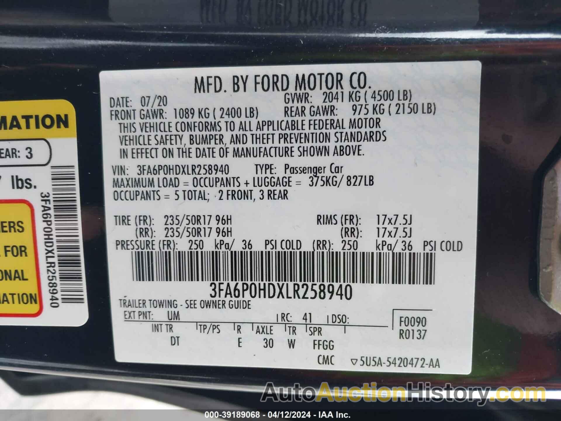 FORD FUSION SE, 3FA6P0HDXLR258940