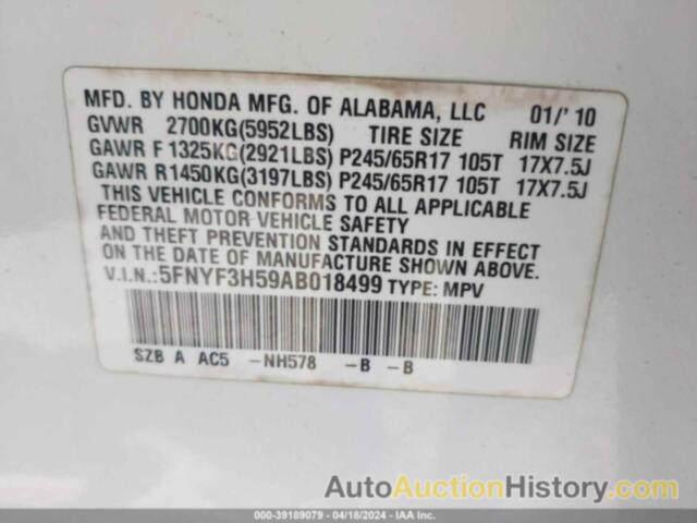 HONDA PILOT EX-L, 5FNYF3H59AB018499