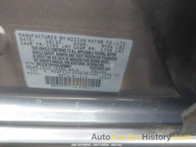 NISSAN VERSA 1.6 SV, 3N1CN7AP4GL828667