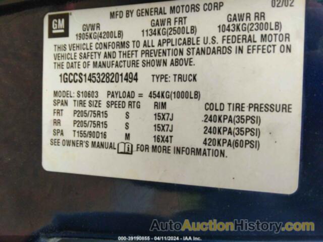 CHEVROLET S-10 LS, 1GCCS145328201494