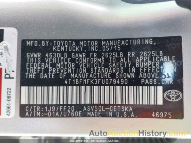 TOYOTA CAMRY LE/XLE/SE/XSE, 4T1BF1FK3FU079490