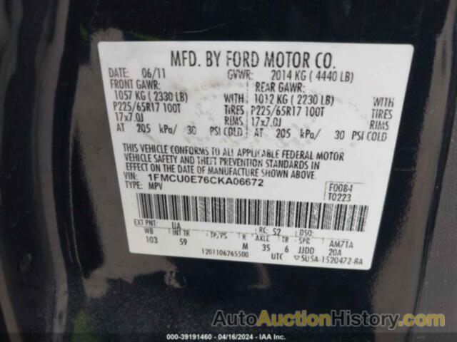 FORD ESCAPE LIMITED, 1FMCU0E76CKA06672