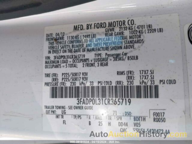 FORD FUSION HYBRID, 3FADP0L31CR365719