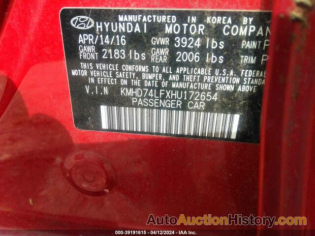 HYUNDAI ELANTRA SE, KMHD74LFXHU172654