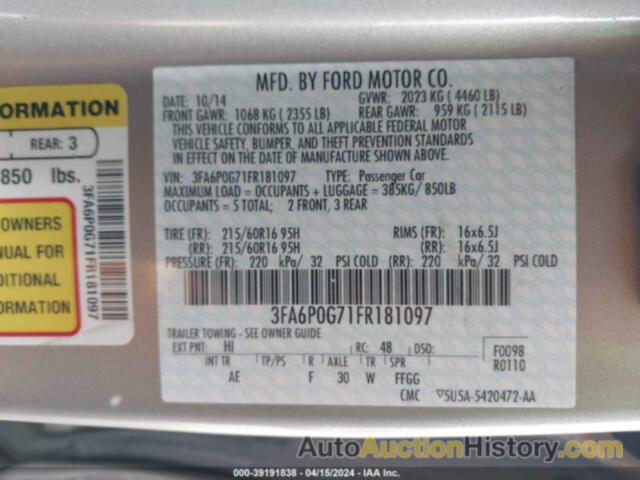 FORD FUSION S, 3FA6P0G71FR181097