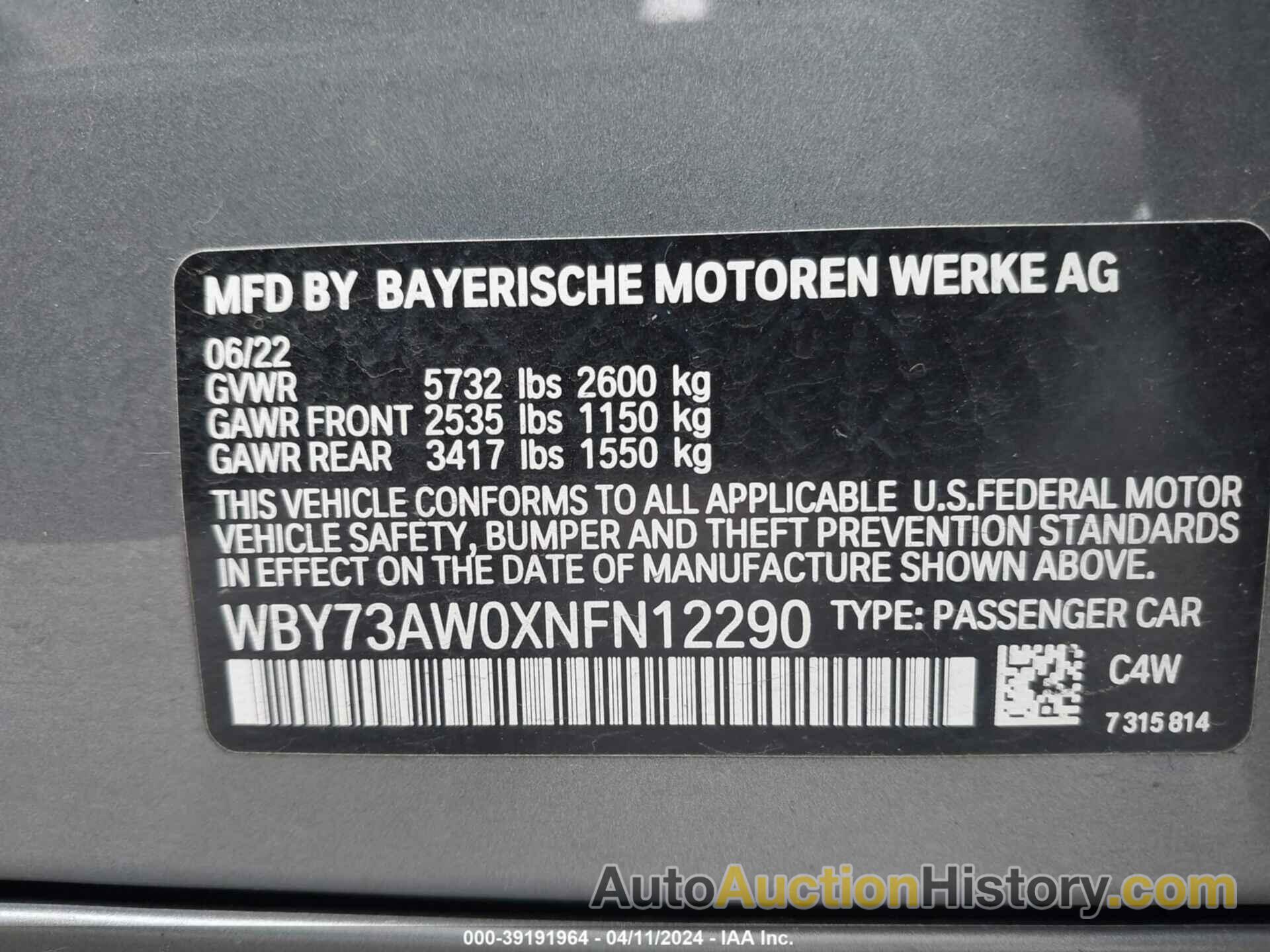 BMW I4 EDRIVE40, WBY73AW0XNFN12290