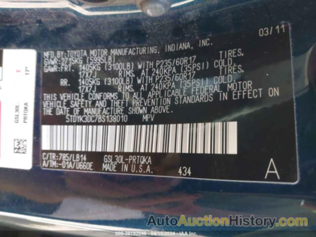 TOYOTA SIENNA XLE V6, 5TDYK3DC7BS138010