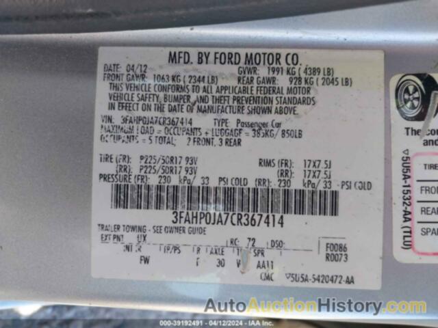 FORD FUSION SEL, 3FAHP0JA7CR367414