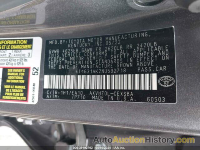 TOYOTA CAMRY SE HYBRID, 4T1G31AK2NU592718