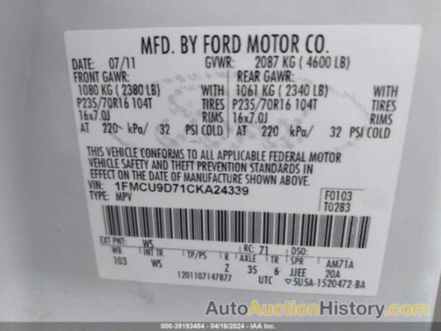 FORD ESCAPE XLT, 1FMCU9D71CKA24339