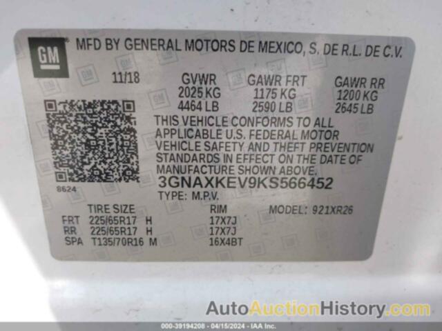 CHEVROLET EQUINOX LT, 3GNAXKEV9KS566452