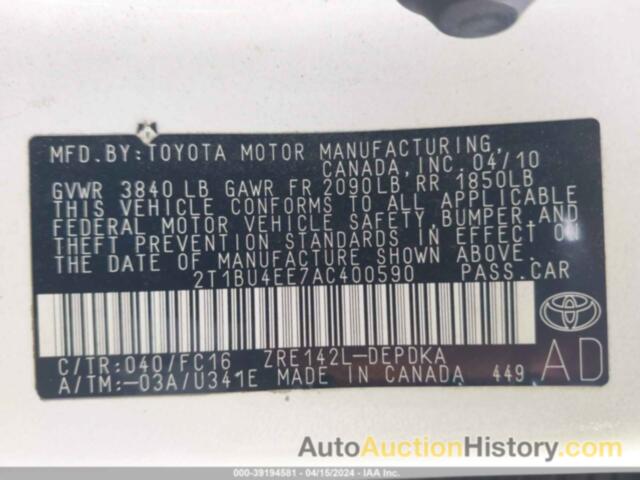 TOYOTA COROLLA LE, 2T1BU4EE7AC400590