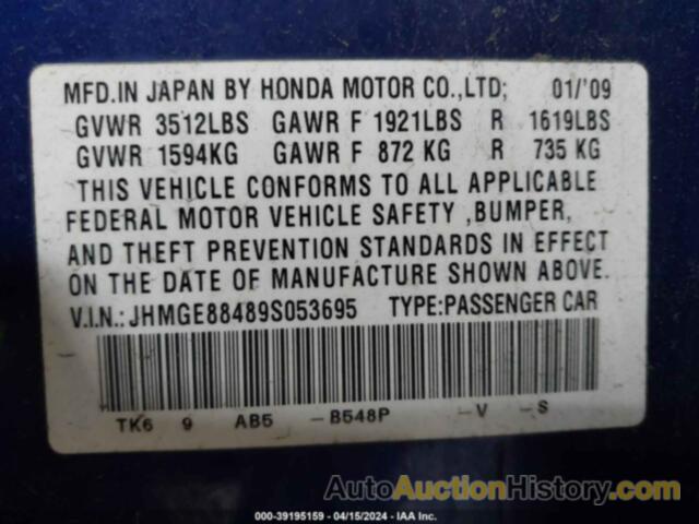 HONDA FIT SPORT, JHMGE88489S053695