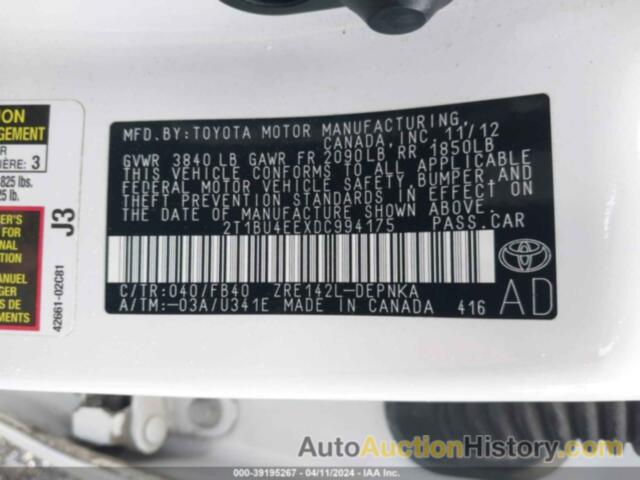 TOYOTA COROLLA LE, 2T1BU4EEXDC994175