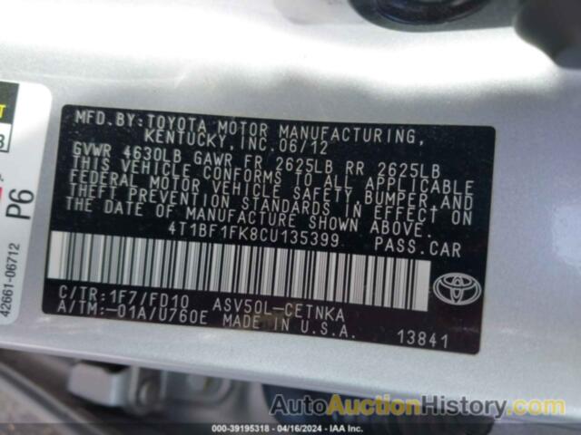 TOYOTA CAMRY LE, 4T1BF1FK8CU135399