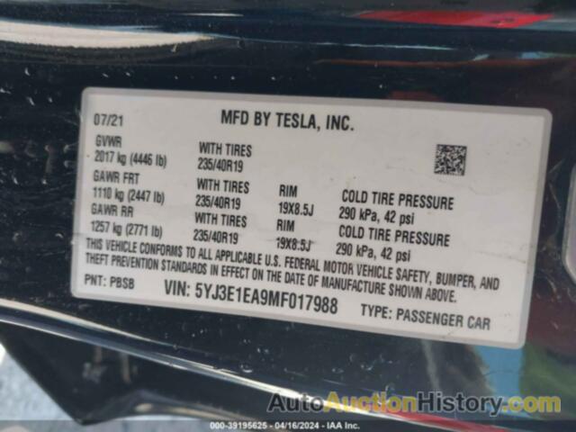 TESLA MODEL 3 STANDARD RANGE PLUS REAR-WHEEL DRIVE, 5YJ3E1EA9MF017988