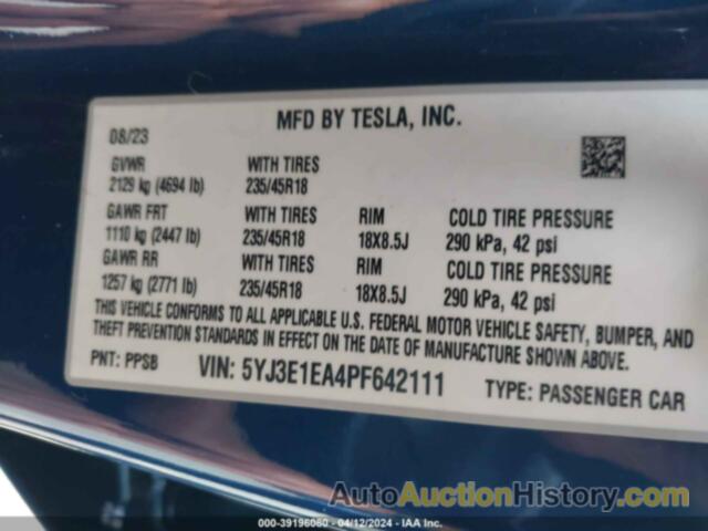 TESLA MODEL 3 REAR-WHEEL DRIVE, 5YJ3E1EA4PF642111