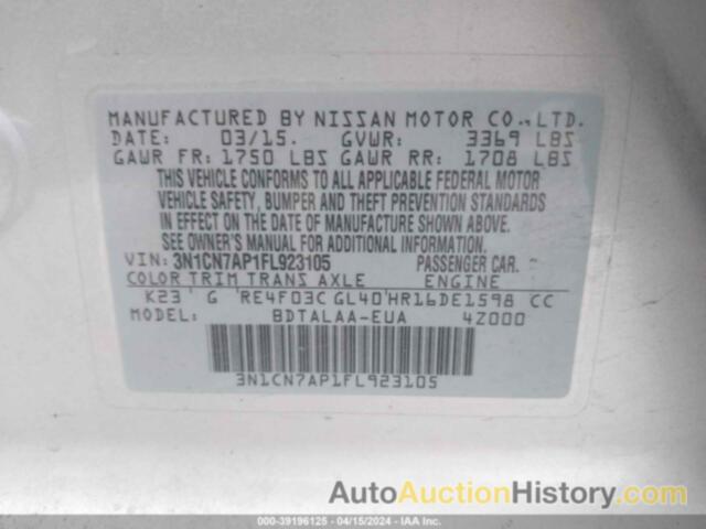 NISSAN VERSA 1.6 S, 3N1CN7AP1FL923105