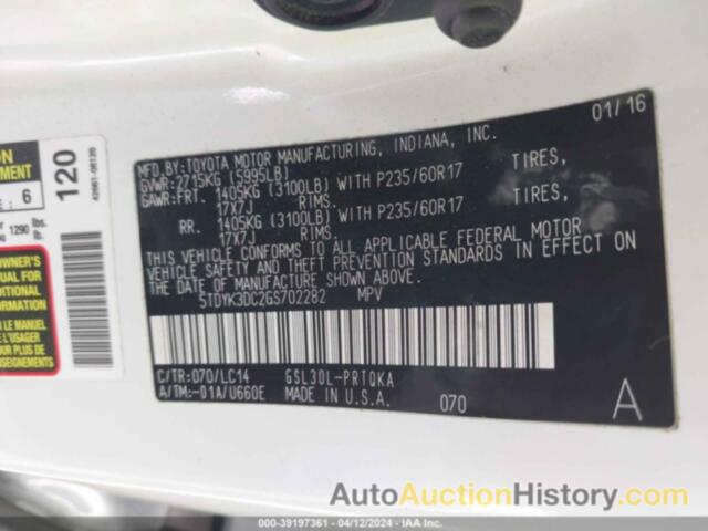 TOYOTA SIENNA XLE 8 PASSENGER, 5TDYK3DC2GS702282