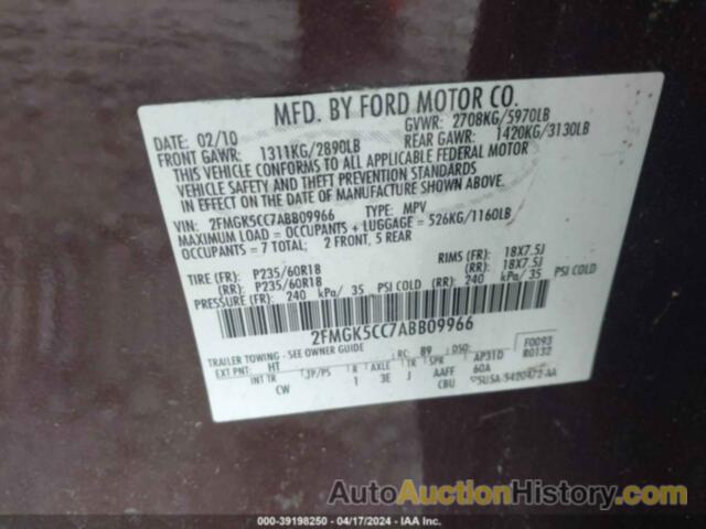 FORD FLEX SEL, 2FMGK5CC7ABB09966