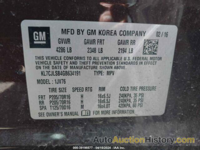 CHEVROLET TRAX LT, KL7CJLSB4GB634191