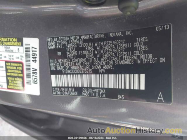 TOYOTA SIENNA XLE V6 8 PASSENGER, 5TDYK3DC0DS375215