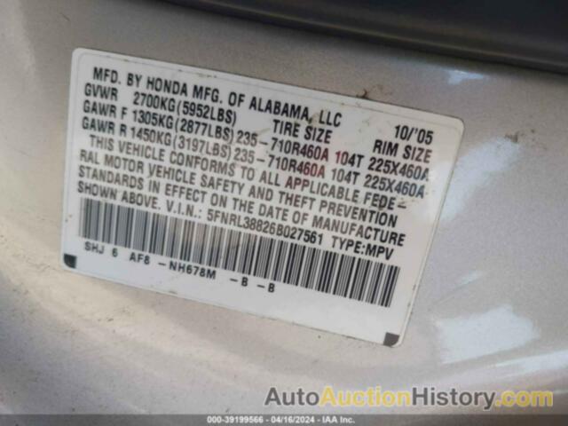 HONDA ODYSSEY TOURING, 5FNRL38826B027561