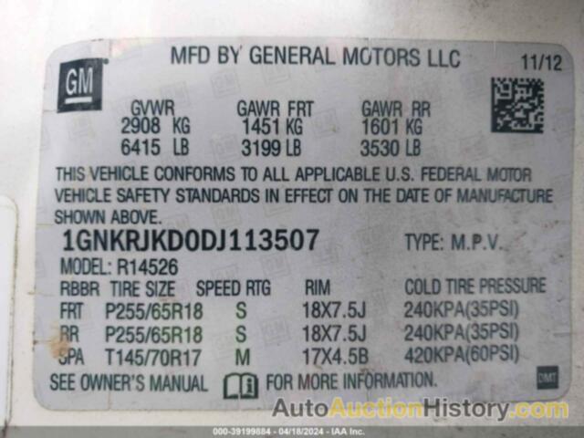 CHEVROLET TRAVERSE LT, 1GNKRJKD0DJ113507