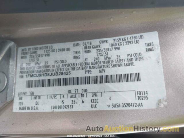 FORD ESCAPE SEL, 1FMCU9HD8JUB28425