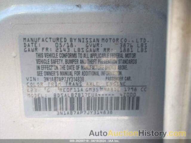 NISSAN SENTRA S, 3N1AB7AP7JY314838