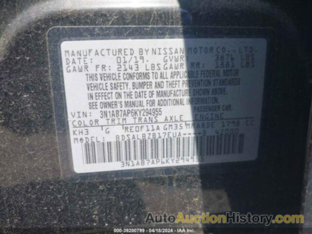 NISSAN SENTRA S/SV/SR/SL, 3N1AB7AP6KY294955