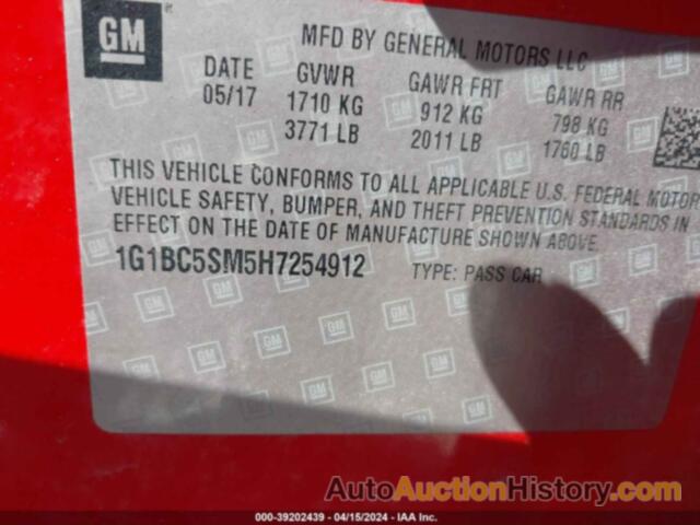 CHEVROLET CRUZE LS AUTO, 1G1BC5SM5H7254912