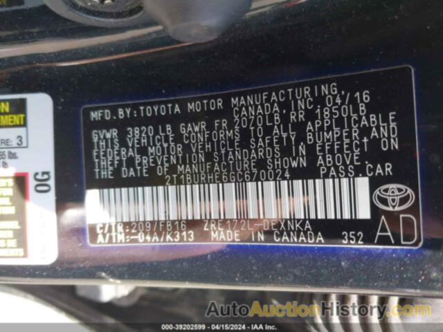 TOYOTA COROLLA LE, 2T1BURHE6GC670024