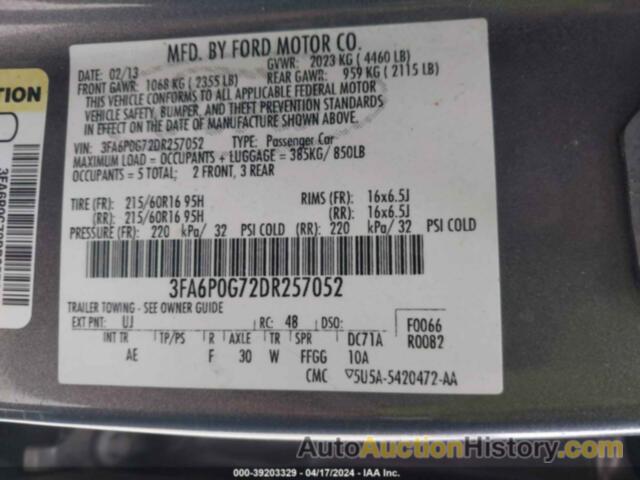 FORD FUSION S, 3FA6P0G72DR257052