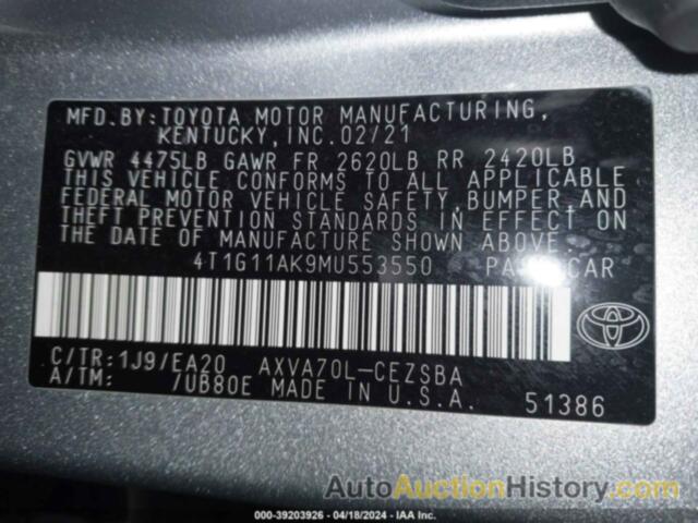 TOYOTA CAMRY SE, 4T1G11AK9MU553550