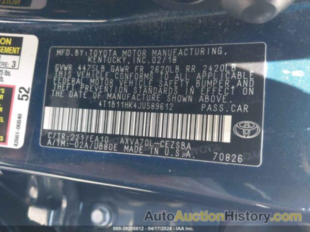 TOYOTA CAMRY SE, 4T1B11HK4JU589612