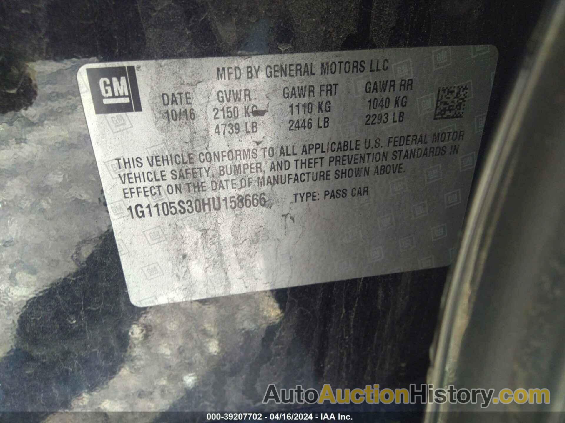 CHEVROLET IMPALA 1LT, 1G1105S30HU158666